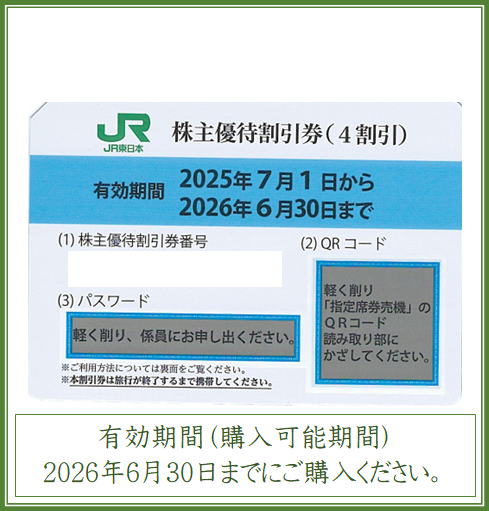 今週で掲載終了　最終値引き　JR東日本株主優待　4枚 JR/鉄道】JR東日本株主優待券（4割引）2025年7月1日から2026年6月30日